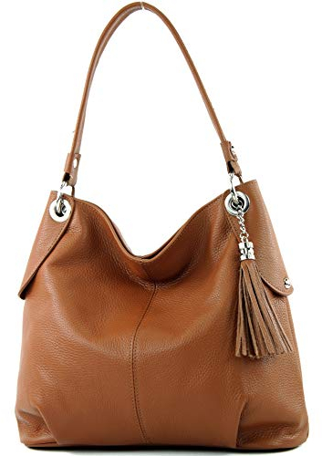 modamoda de T185 Damen Leder Schultertasche Handtasche handmade in Italy, Farbe:Cognac