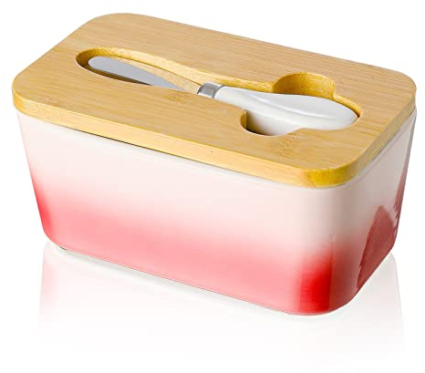 Candiicap Butterdose Porzellan, Butterschale mit Holzdeckel und Buttermesser, Keramik Butterdose mit Silikon-Dichtlippe für Alle Arten von Butter (Sakura Rosa)