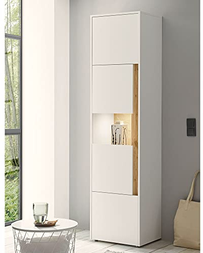 Lomadox Beleuchtete Vitrine in weiß mit Absetzungen in Wotan Eiche Nb., B/H/T: ca. 50/197/40 cm