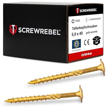 SCREW REBEL® Tellerkopfschrauben 5x40mm – [200 Stück], – Kraftsparend dank Reibteil & Cut-Spitze – selbstschneidend, TX25 Antrieb – Holzbauschrauben mit ETA-Zulassung – CrVI-frei & korrosionsbeständig