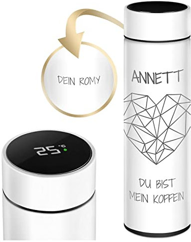 Maverton Thermobecher Kaffeebecher mit Gravur 450 ml - Trinkflasche Edelstahl - auslaufsicher - 100% dicht - mit LED-Temperaturanzeige - für Frauen zum Geburtstag - weiß - Herz