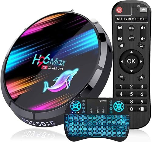AMITVA Android TV Box 9.0 4GB RAM 128GB Rom Set Top Box Smart TV Box Amlogic S905W4 1080P Ultra HD 8K HDR AV1 WiFi 2.4G 5.8Ghz BT 4.1 USB 2.0 con Mini Tastiera Wireless Retroilluminata,4gb+64gb