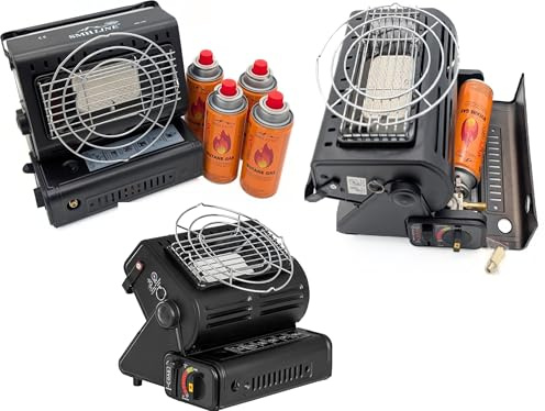 SMH LINE 2-i-1 bärbar gasvärme gasspis + 16 gaspatroner 227 g camping gaspotlight uppvärmning utomhus tält husvagn 1,3 KW brännare spis butangaspatroner keramik LPG