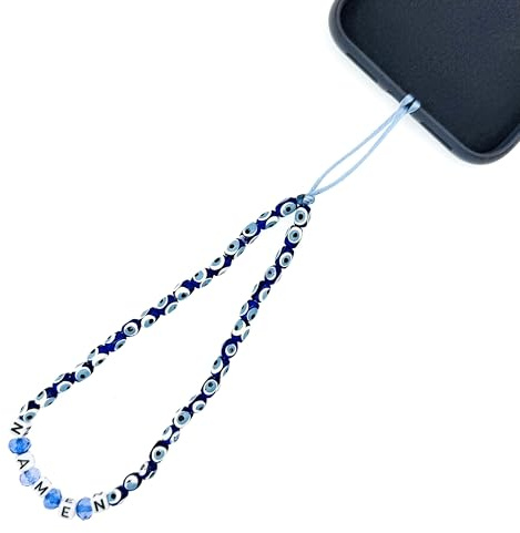 Handykette mit Wunschnamen aus Perlen Handyschlaufe Umhängeband Handyanhänger Handy Schmuck Perlenkette Handy Charm Nazar Türkische Auge Blau Personalisiert Unisex