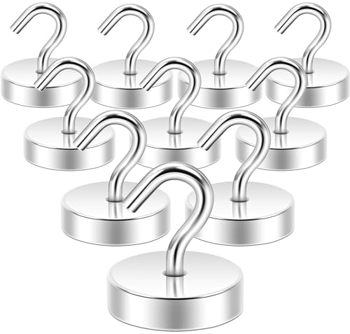 Neosmuk Lot de 10 crochets magnétiques de 30 kg - Aimants de terre haute performance avec crochets pour réfrigérateur - Crochets de croisière extra puissants à suspendre (argenté)