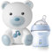 Chicco Set Luce Notte e Biberon NF 150ml, Lampada Portatile a Forma di Orso con Musica e Suoni Rilassanti, Biberon Anticolica da 150 ml, con Tettarella in Silicone Morbida e Flessibile, Azzurro, 0 Mes