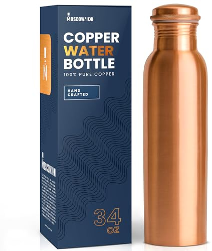 Copper Water Bottle for Drinking 34 oz Extra Large - Premium Handcrafted Ayurvedic Pure Copper Vessel - Drink More Water - Wide Mouth with Leak Proof Lid - BPA Free, Reusable, Travel Friendly