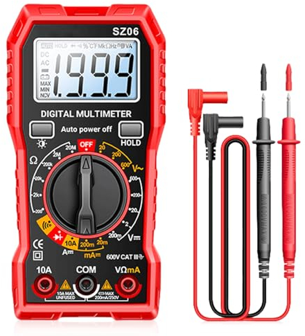 Multimètre numérique avec 1999 comptes, voltmètre pour tension CA/CC, courant CC, continuité, résistance, diode avec grand écran LCD et support pliable, testeur de tension pour électricien