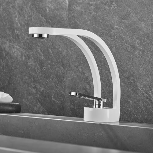 MocArt Mischbatterie Waschbecken Bad, Kunst Badezimmer Wasserhahn, Waschtischarmatur, mit 60cm Kalt/Warmwasser Schläuche, für Gäste WC, Badezimmer (Weiß Silber)