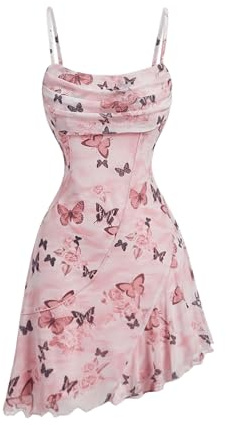 SweatyRocks Damen Ärmelloses Kleid Kurz Batikkleid mit Asymmetrischer Saum Sommerkleid Mesh Freizeitkleid mit Wellensaum Rosa L