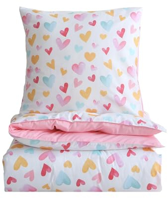 Fekohipy Bettwäsche 135x200 Kinder Mädchen Rosa Herzen für Kinderzimmer | Bunt 3D-Druck Mikrofaser Bettbezug mit Reißverschluss und 1 Kissenbezug mit Umschlag 80x80cm 2-teiliges Kinderbettwäsche-Set