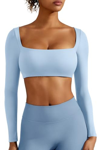 ZAAYO Långärmad crop top damer gym topp damer med inbyggd bh basic t-shirt sport toppar damer med fyrkantig hals, Himmelsblå, M
