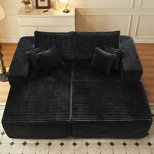 Generisch Modulares Schlafsofa, übergroße Lounge-Chaiselongue, modernes Schlafsofa aus wolkenweichem Cord für Wohnzimmer und Schlafzimmer, Schwarz, 204 x 176 x 90 cm