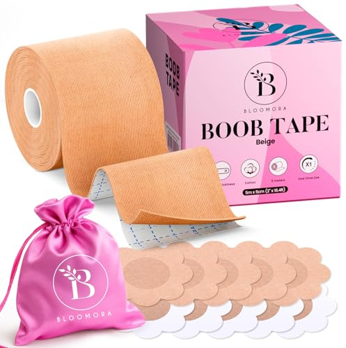 BLOOMORA Boob Tape – Scotch Seno Push Up - Nastro Adesivo Seno con Copricapezzoli Adesivi Silicone - Nastro Seno Adesivo Invisibile - Body Tape per Abiti Senza Spalline - Accessori Inclusi - Beige