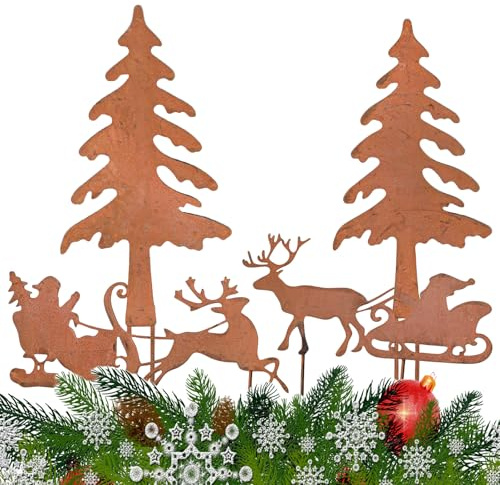 Zidoley Gartenstecker Weihnachten Hirsch Deko - Outdoor Weihnachtsdeko Garten, Rost Weihnachtsbaum Kerzen Rentiere Gartenstecker, Elch und Tanne Roststecker Weihnachtsdeko für Draußen Gartendeko (4)