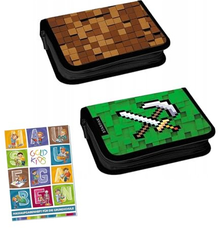 PASO - Federmäppchen 1 Fächer - Mäppchen für Mädchen und Jungen - Federmappe 1-Fach Federtasche - Schulmäppchen und Hausaufgabenheft - Pixel Game Motiv