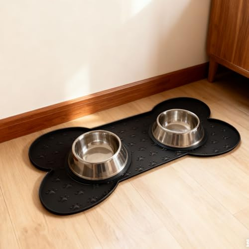 Silikon-Futtermatten für Hunde und Katzen,Wasserdicht Haustier Fütterung Matte,Anti-Rutsch-Tiernapf Matte,Lebensmittelechte Silikon-Futtermatte Napfunterlage,Hundeabdrücke Napfunterlage-Schwarz