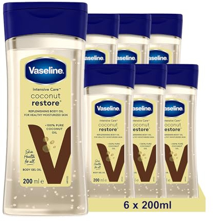 Vaseline Intensive Care Körperöl Coconut Restore für gesunde, mit Feuchtigkeit versorgte Haut. Regenerierendes Körpergelöl aus 100% reinem Kokosnussöl, (6 x 200ml)
