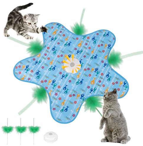Interaktives Katzenspielzeug Selbstbeschäftigung, Katzenspielzeug Elektrisch mit Versteckspiel, Beweglicher Feder Quietschender Maus, USB Wiederaufladbar für Wohnungskatzen Kitten und Erwachsene, Blau