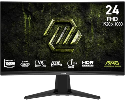 MSI MAG 245C X24 24 tum FHD böjd spelskärm, VA-panel 1920 x 1 080, 240 Hz, 1 ms, HDR Ready, AMD FreeSync Premium, HDMI 2.0b, DP 1.2a, kantlös, justerbar lutning, kompatibel med
