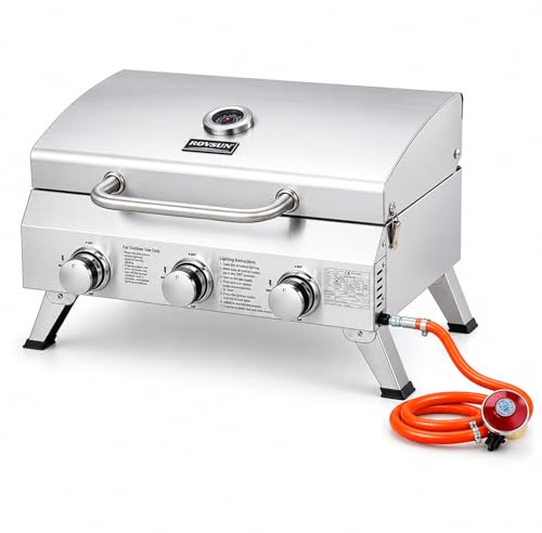 ROVSUN 3 Burner Portable Gas BBQ, 22500BTU Outdoor Barbecue Grill with 24 Cooking Grate, Thermometer & Foldable Legs, Stainless Steel Table Top Gas BBQ for Camping Home Patio Party, Silver