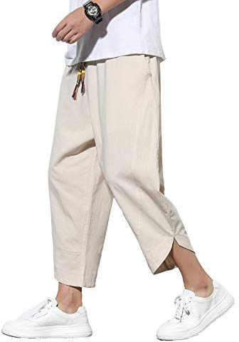 DOSLAVIDA - Pantaloni da uomo in lino, stile harem, a vita elastica, a gamba larga, in cotone, patchwork, casual, yoga, M