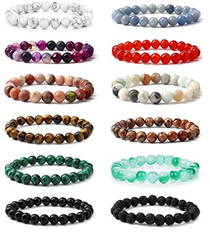 YADOCA 12 stycken 8 mm pärlarmband för män kvinnor healing natursten halvädelstenar armband kristall justerbar elastisk män armband pärlor set, 18 centimeters, Natursten, sten