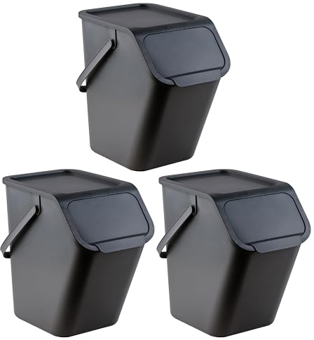 Go Practic Küchen Mülleimer 3x 25L Schwarz mit Deckel, für Gemischte Abfälle, Mülltrennsystem für Recycling, Abfallbehälter zur Trennung, Click-Funktion, Kunststoff Abfallbehälter zur Mülltrennung