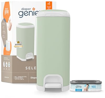 Diaper Genie Il secchio Select (verde) è realizzato in resistente acciaio inossidabile e include 1 ricarica quadrata di avviamento che può contenere fino a 165 pannolini per neonati.
