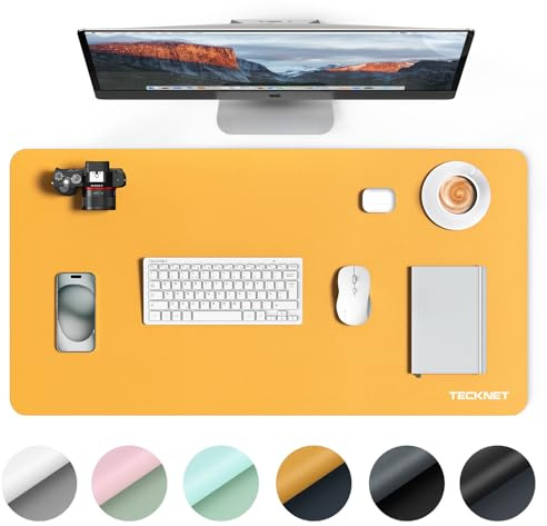 TECKNET Schreibtischunterlage, 80 x 40cm Große Tischschutzpolster, Wasserdichte Laptop Desk Mat,PU Leder Tischunterlage, Abwischbar Doppelseitige Schreibunterlage für Büro/Zuhause (Dunkelblau/gelb)