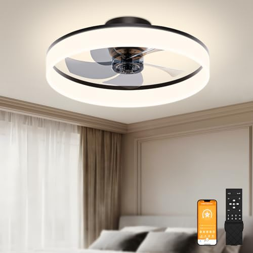 VOLISUN Ceiling Fans with Lights Remote Control, 6 Speeds and Dimmable Modern Smart Ceiling Fan Light, Quiet LED Fan Lights for Bedroom Living Room Dining Room (40cm, Black)