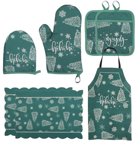 ANNUP presine da Cucina Set di Isolamento di Natale Sette Pezzi, Guanti da Forno Resistenti al Calore, Clip A Mano, Assorbenti Isolanti, Grembiuli, Utensili da Cucina-Rosso