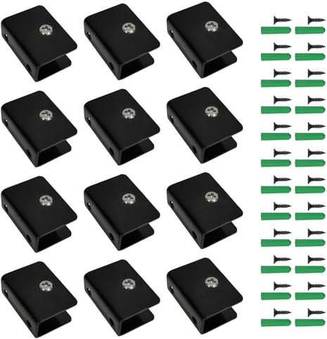 12 Stück Glasklemme Schwarz Edelstahl 201, Verstellbare Glasregal Halterung, Glashalter Glasklemmen Gebürstet Fertig mit Schrauben und Kunststoffeinsatz (Schwarz, Rechteckig für 6-12 mm Dicke Glas)