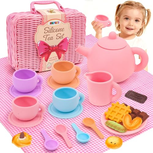 HAPGFS Silicone Tea Party Set for Kids - Complete Pretend Play Toy with Teapot, Cups, Picnic Basket, Food-Grade Safe Material for Toddlers Ages 3-5, Ideal for Indoor and Outdoor Imaginative Fun