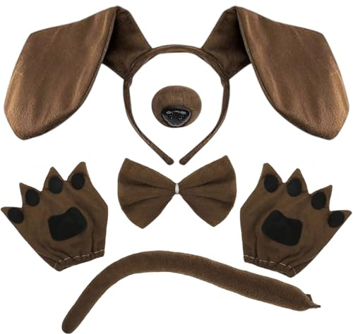 5 Pezzi Bassotto Costume, Costumi Cucciolo Cane, include orecchie per cucciolo, papillon, naso finto, coda e guanti, per Festa di Compleanno Natale Cosplay Halloween Carnevale Party Travestimento