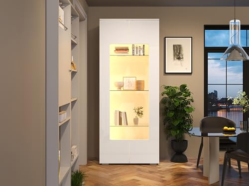 VIVCA Vetrina da soggiorno 70 x 40 x 173 cm, vetrina con 2 ante in acrilico, vetrina lucida con striscia luminosa a LED, armadio portante in vetro temperato, soggiorno, ampio armadio alto, MDF, bianco