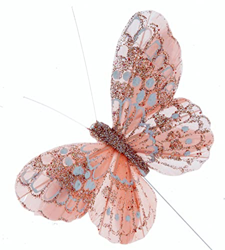 Corsage Creations Rose Gold Glitter Butterflies | 7cm Butterflies with 20cm Wire | Ideal for Bridal Bouquets, Wrist Corsages & Floral Arrangements | Pack of 12 (Rose Gold)