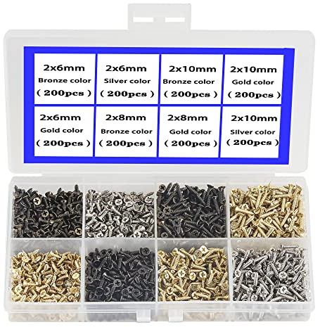 newlng 1600pcs 2MM Small Screws Phillips Flat Head Cross Self Tapping Tiny Screw Cabinet Electronic Accessories Screw Multifunctional DIY Micro Woodworking Mini Screw Set Gold Black Silver