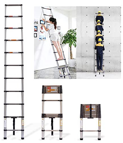 Escalera telescópica de aluminio de 10.5 pies – certificación EN131 – extensible extensible y ligera con mecanismo de bloqueo de carga de resorte antideslizante – capacidad máxima de 350 libras