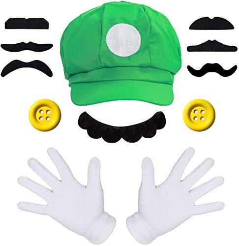 iZoeL Luigi Costume Kits - Luigi Hat White Gloves Mustache Buttons - Carnival Costume Mario Fancy Dress Costumes Outfits for Boys Girls Women Kids Childrens Men