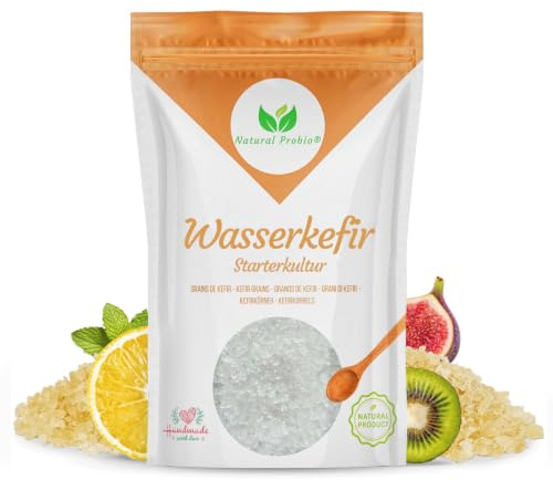 Natural Probio® Kéfir d'acqua - Kit di avviamento per coltivazione, grani di kefir di frutta + istruzioni complete + accesso alla libreria di ricette (10g disidratato / 60g reidratato)