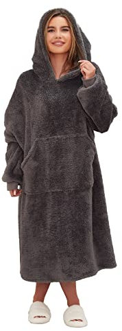 Brentfords Extra Long Teddy Fleece Blanket Hoodie Oversized for Women Men Adult Wearable Throw Soft Giant Sweatshirt, One Size - Charcoal Grey