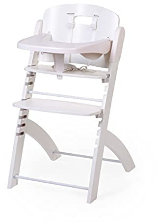 CHILDHOME, Trona Evolutiva : De 0 meses a 85KG, Tableta incluida, Madera de haya, Barra antivuelco, Arnés de seguridad de 5 puntos, Tornillos invisibles, Evosit blanco