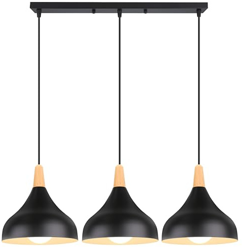 iDEGU 3 lampor retro E27 hängande lampa ljuskrona modern droppstil taklampa metall trä taklampa för matsal vardagsrum kök, Ø 20 cm (svart, stång)