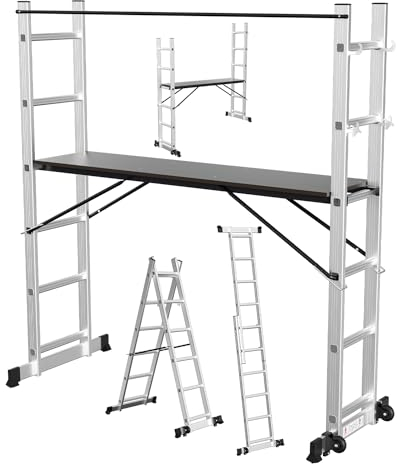 Gimisgu Scaletta multifunzione 4 in 1 in alluminio, 6 + 6 gradini, scala mobile multiuso con piattaforma e 2 ruote, ponteggio, piattaforma di lavoro, portata fino a max. 150 kg, colore: argento