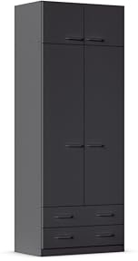 Rauch Möbel Prandon Kleiderschrank für Schlafzimmer, Kinderzimmer, Flur, Garderobe, 2-türig, 2 Schubaden, inkl. Schrankaufsatz, Farbe Grau metallic, Schwarz, Schalengriff, Breite 91cm