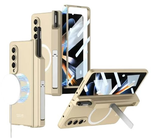 Magnetische Hülle für Samsung Galaxy Z Fold 5 4 3 Hülle unterstützt kabelloses Laden mit Stiftschlitz-Schalenmembran für Z-Fold3-Abdeckung, Gold, für Samsung Galaxy Z Fold 5