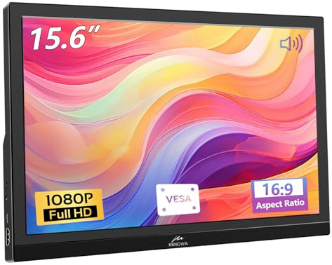 Kenowa USB-C Portable Monitor 15.6 Inch FHD 1080P IPS Screen External Display with Type-C HDMI for Raspberry pi Laptop/PC/Xbox/PS4, Built-in Speakers