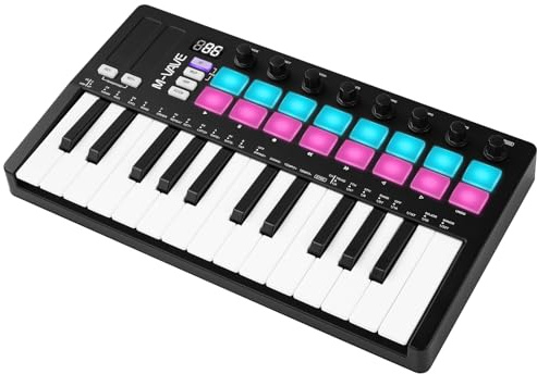 Nikou M-VAVE MIDI Keyboard Controller BT Wireless 25 Key Keyboard Controller, Aufladbare Arranger Tastatur RGB-Schlagzeug Pad Tastatur für die Praxis Leistung (Schwarz)