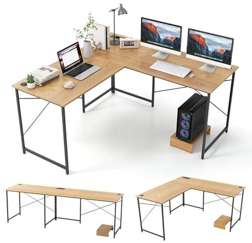COSTWAY Escritorio de Ordenador en Forma de L con Regleta, Orificios para Cables, 2 Formas para 2 Personas, Soporte de Monitor, Mesa Escritorio Esquina Gaming, 240x60x75cm(Natural, regleta)